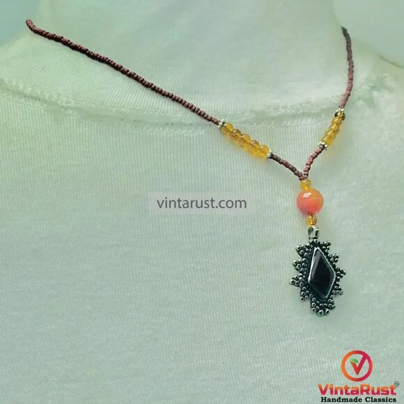 Beaded Chain Pendant Necklace, Ethnic Tribal Light Weight Necklace, Beaded Chain - Picture 5 of 10